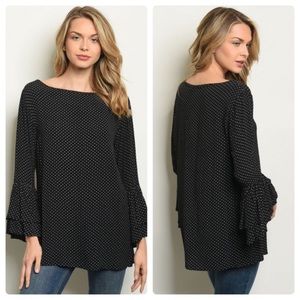 💥 Women’s Black Polka Dot Ruffle Bell Sleeve Top